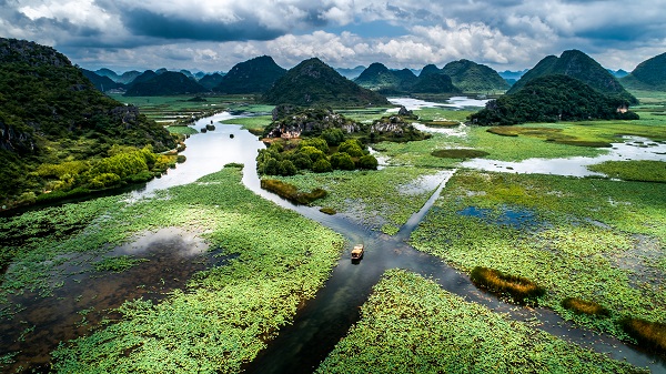 普者黑景區是發育典型的喀斯特巖溶地貌，景區內孤峰星羅棋布、溶洞千姿百態，各個湖泊相連貫通，小船穿梭湖面上，隨處可以沐浴湖水清清，鑒品小荷尖。（陳雪江  攝）.jpg