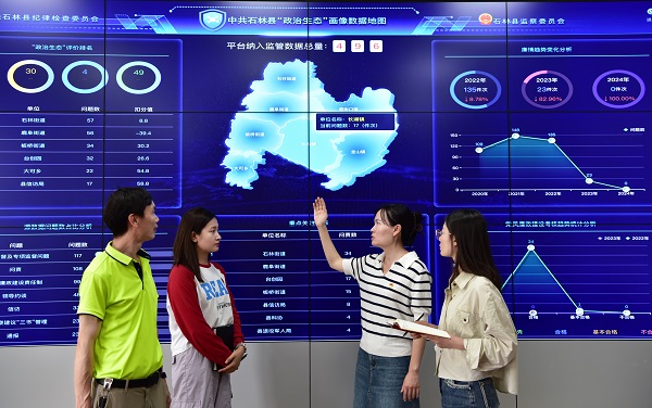 石林縣紀委監委作為云南省基層公權力大數據監督模型第二批場景試點，聚焦地區性行業性突出問題和群眾急難愁盼問題，緊盯權力運行中的廉政風險，利用公權力大數據監督平臺，構建監督模型，對數據開展實時的“嵌入式”監督。圖為近日，該縣紀委監委干部對預警信息開展分析研判。（石林縣紀委監委 李卿鈺攝）.jpg
